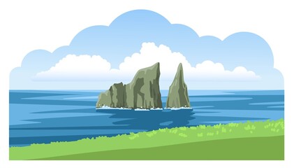 Wall Mural - Beautiful panoramic seascape with Kicker Rock, green coastline, big fluffy clouds. Ocean scenic view. Hand-drawn vector illustration