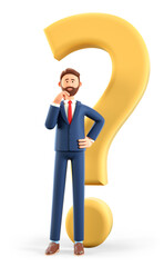 3D illustration of thinking man standing with a huge question mark. Cute cartoon pensive businessman solving problems, feeling doubt or hesitation. Searching and finding solution concept.