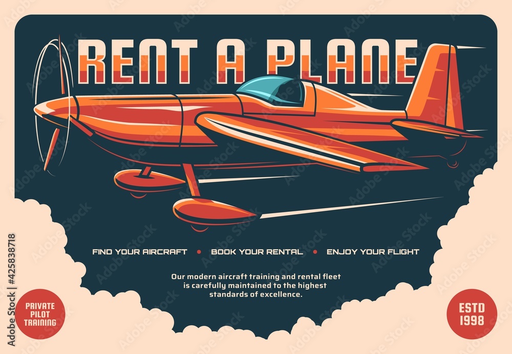 Rent a plane retro vector poster. Vintage propeller airplane flying in sky. Rental service, aviation school and private pilot flight training, educational courses for aviators and fliers advertising - obrazy, fototapety, plakaty 