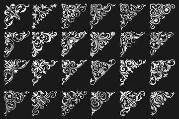 Canvas Print - Floral corners and frame borders, vintage ornament and ornate victorian embellishments, Floral corners decoration and filigree flourish swirls, black and white floral adornments