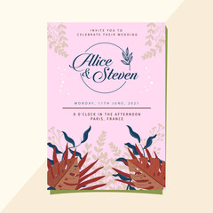 Wall Mural - wedding invitation card template with beautiful rustic colorful flowers and leaves decorating