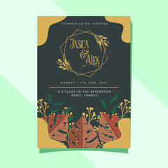 Wall Mural - wedding invitation card template with beautiful rustic floral decorating and colorful leaves on gray