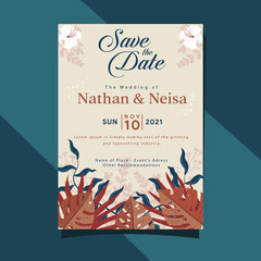 Wall Mural - save the date, wedding invitation card template in soft color, rustic leaf background.vector illustr