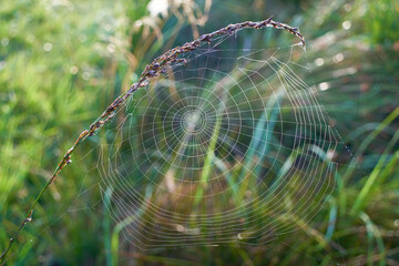 White spider web on a blade of grass, green meadow in the background. Germany.