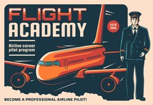 Pilot And Airplane Retro Poster Of Vector Aircraft Staff, Aviation, Air Travel And Flight Academy. Captain Of Passenger Airline Plane In Blue Uniform And Cap With Airplane On Background