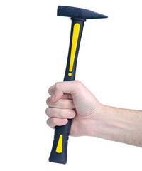 Poster - Yellow hammer work tool in hand on white background isolation