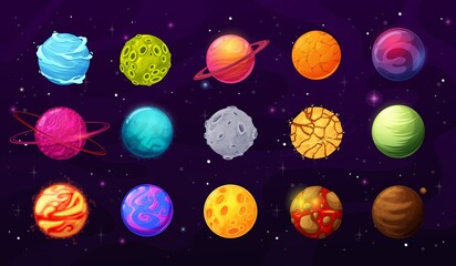 Poster - Fantasy space planets, stars and asteroids cartoon vector set. Alien worlds, planets with craters, cracks and lava on surface, orbital rings vector. User GUI, UI graphic interfaces and game elements
