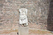 Ancient Roman Period Armored Soldier Statue. Bergama, Pergamon Izmir Turkey. Unknown Soldier Statue In The Ancient City Of Pergamon.  Trajan' S Temple Of Pergamon, Turkey. 