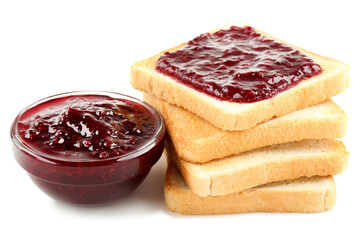 Poster - Toasts and bowl with raspberry jam isolated on white background