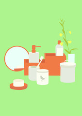 Bathroom cosmetic accessories on the green isolated background.