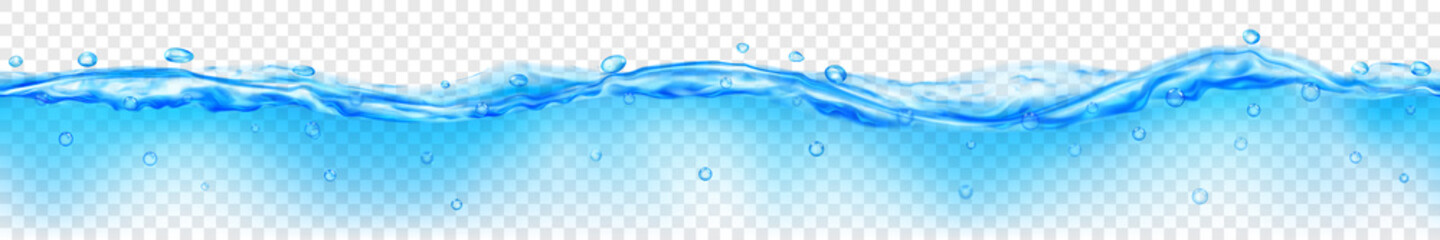 Translucent water with drops in light blue colors with seamless horizontal repetition, isolated on transparent background. Transparency only in vector file