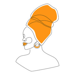 Poster - African woman face in one line drawing. Portrait of Beautiful woman in headwrap. Abstract modern Vector Illustration for logo, print, t-shirt, emblem, wall art