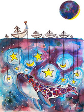 
Woman In A Boat Fishing For The Moon And Stars Watercolor Art, Whale Boats, Barbels, Woman, Watercolor