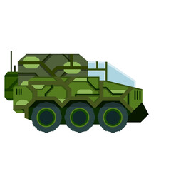 Military truck of future. Fantastic car for colonization. Armored protected transport. Flat cartoon illustration