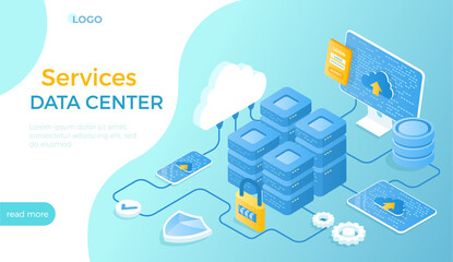 Wall Mural - Data Center Cloud Services. Information processing, hosting, provider, storage, networking, management, distribution of data. Server racks, database, cloud. Isometric vector illustration for website.