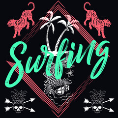 Illustration vector tropical surf skull with text fashion design