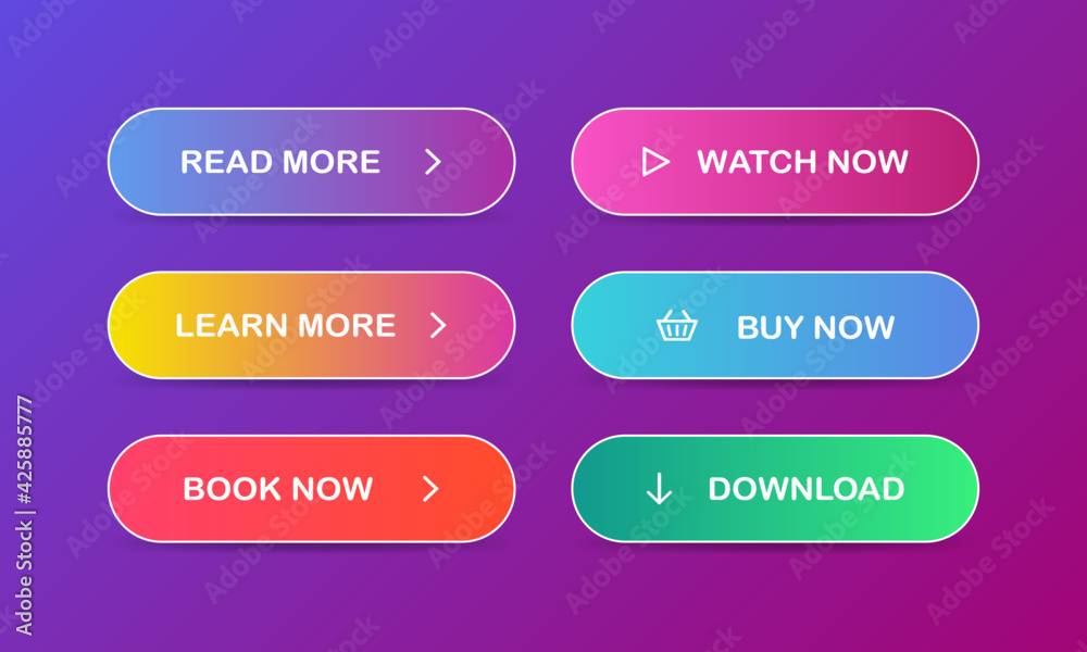 Read, Learn more, Book, Watch, Buy now, Download. Set of modern multicolored buttons. Vector EPS 10