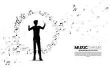 Vector Silhouette Of Conductor With Music Melody Note Dancing Flow . Concept Background For Classic Music Concert And Recreation.