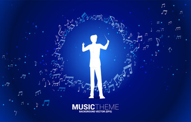 Poster - Vector silhouette of conductor with music melody note dancing flow . Concept background for classic music concert and recreation.