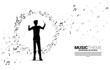 Poster - Vector silhouette of conductor with music melody note dancing flow . Concept background for classic music concert and recreation.