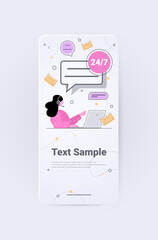 Poster - female call center operator in headset on smartphone screen customers service online support concept