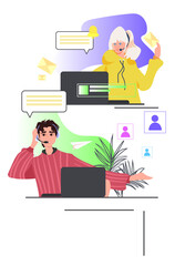 Poster - couple call center operators in headset discussing with clients online support customer service concept