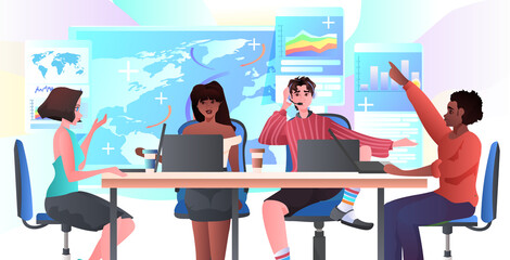Poster - mix race businesspeople traders analyzing financial statistics at workplace data analysis digital marketing
