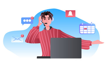 Poster - man call center operator in headset discussing with clients online support customer service concept
