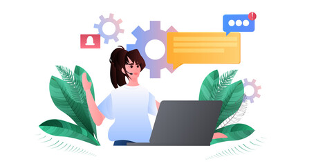 Poster - woman call center operator in headset discussing with clients online support customer service concept