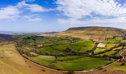 Wall Mural - Aerial view of rural Welsh countryside and farms (Hay Bluff, Wales/England)