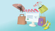 © VectorART - Online shopping. Computer shopping at home with realistic merchandise on a banner with a blue background.