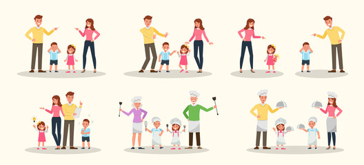 Wall Mural - Set of Happy family people mother, father, grandparents and children together character vector design. Presentation in various action with emotions, running, standing and walking. no9