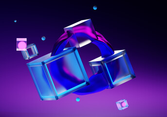 Poster - Blue-lilac three-dimensional elements. Geometric shapes hang in the air. Abstract background for the design. Technologies and innovations. 3d rendering. The cubes are connected by a ring.