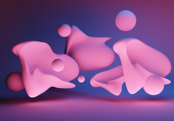 Poster - Pink three-dimensional objects in zero gravity. 3d abstract shapes. Drops in zero gravity. Wallpaper with three-dimensional elements. Abstract texture. Geometric background.