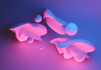 Poster - Geometric shapes in neon lighting. Bright geometric background. Fantasy elements in zero gravity. Blue-pink wallpaper. Abstract pattern in neon light.
