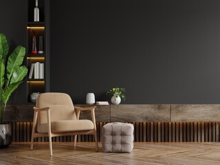 Modern living room with armchair,table,flower and plant on black wall background.