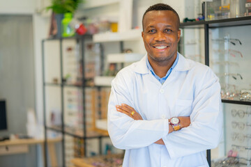 African male optician standing with arms crossed in optical store. Eye doctor, optometris at work.