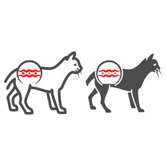 Poster - Lymphosarcoma in cat line and solid icon, Diseases of pets concept, intestinal damage in kitten sign on white background, sick cat icon in outline style for mobile and web design. Vector graphics.