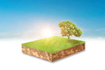 Wall Mural - 3d illustration of cubical soil slice, green grass with trees floating over sky cloud background.