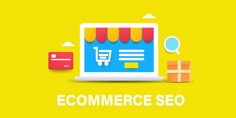 Wall Mural - 3d Style concept of Ecommerce SEO. Search engine optimization for Online shopping website and ecommerce webstore concept. Web banner with abstract yellow background.