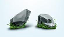 Rocks Parts And Stones With Cracked Texture In Grass. Vector Realistic Set Of 3d Granite Boulders On Green Lawn, Gray Solid Mountain Cobbles With Smooth Surface And Plants Isolated On Background
