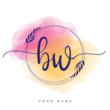 BW Initial Handwriting Logo. Hand Lettering Initials Logo Branding, Feminine And Luxury Logo Design Isolated On Colorful Watercolor Background.