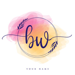 Wall Mural - BW Initial handwriting logo. Hand lettering Initials logo branding, Feminine and luxury logo design isolated on colorful watercolor background.