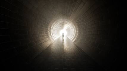 Wall Mural - Concept or conceptual dark tunnel with a bright light at the end or exit as metaphor to success, faith, future or hope, a black silhouette of walking man to new opportunity or freedom 3d illustration