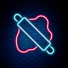 Sticker - Glowing neon line Rolling pin on dough icon isolated on brick wall background. Colorful outline concept. Vector