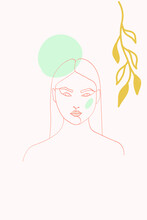 Peach And Blue Leaf Art Vector Background. Lady Profile Design. Nude Portrait Modern Poster. Contour Beauty Pattern.
