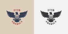 Set Of Color Illustrations Of An Eagle, A Shield With Stars And Text On A Background With A Grunge Texture. Vector Illustration In Vintage Style For Emblem, Poster, Print, Label. Symbols Of The USA.