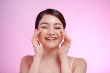 Poster - Spa Beauty. Young Model Woman Touching her Hand her Face. Healthy Skin, Facial Treatment and Cosmetology