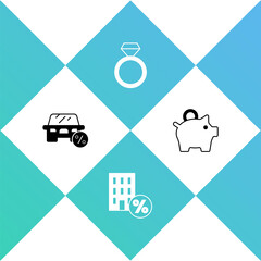 Sticker - Set Car leasing percent, House with percant discount, Diamond engagement ring and Piggy bank icon. Vector