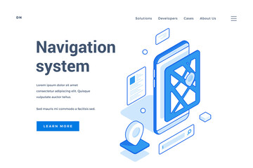 Poster - White and blue elements of mobile phone and navigation symbols on white background of template for web page for navigation system promotion. Isometric web banner, landing page template